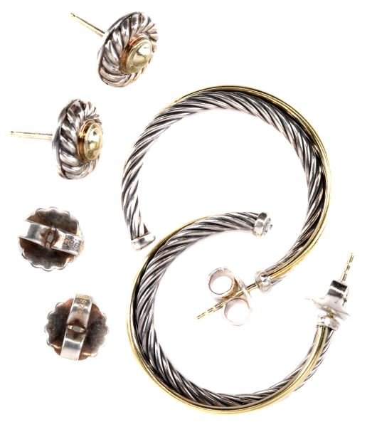 DAVID YURMAN SMALL LOT OF TWO PAIR EARRINGS: From the David Yurman "Cable Collection", one pair sterling and 14kt yellow gold button type stud earrings measuring 11.75mm in diameter with heavy backs. Plus, one pair of hoop earrings, sterling and