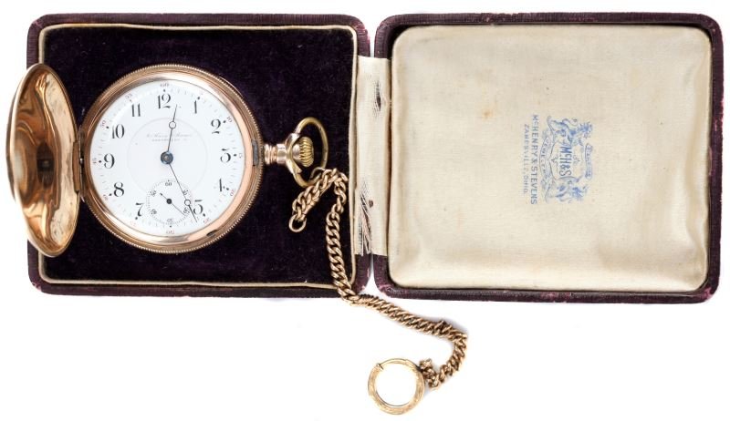 MCHENRY & STEVENS RAILROAD GRADE POCKET WATCH 8S: Accompanied with McHenry & Stevens Zanesville, Ohio watch box, size 8S Railroad Grade pocket watch and fob, two turns successfully started movement and it held, 17 Jewel movement, SN/1556986, Dueber w