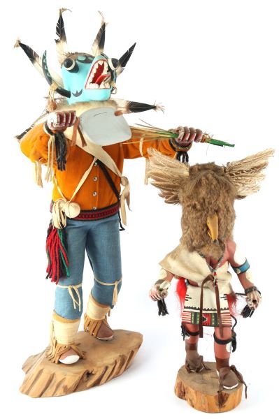 STANDING 28" & 18" VINTAGE KACHINA DOLLS SIGNED: Two dolls, large one is unsigned, very good condition, the smaller is signed Juanita Mitchell "Owl", also very good.