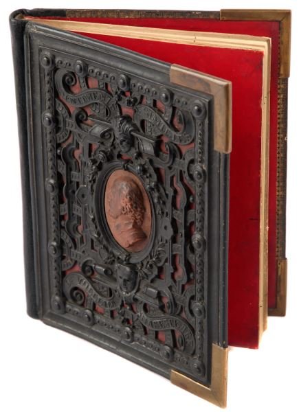 SHAKESPEARE BY HUMPHREYS PAPIER-MACHE BOUND BOOK: Passages from Shakespeare by Henry Noel Humphreys. Second Edition, 1857. Papier-mache' binding with terra cotta cameo portrait of Shakespeare on front and intertwined monogram on back panel. Small qua