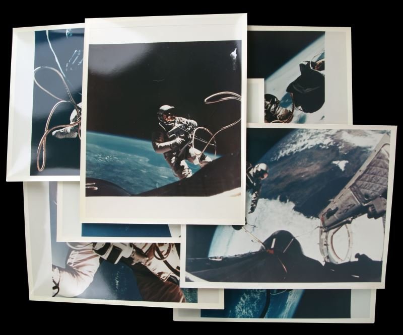 SEVEN MCDONNELL DOUGLAS PHOTOS GEMINI IV SPACEWALK: Photographs taken by Ed White & James McDivitt during space walk on the Gemini IV. Every photograph shows the either White or McDivitt and Earth in the background. Pictures are overall in good to very