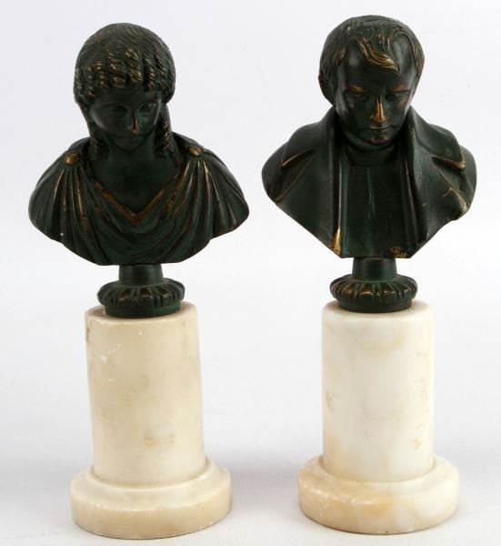 JOSEPHINE & NAPOLEON MINIATURE BRONZE STATUES: With heads hung in what appears to be humility, antique seven inch figurines in the style of Launt Thompson , no signature each very good and atop marble.