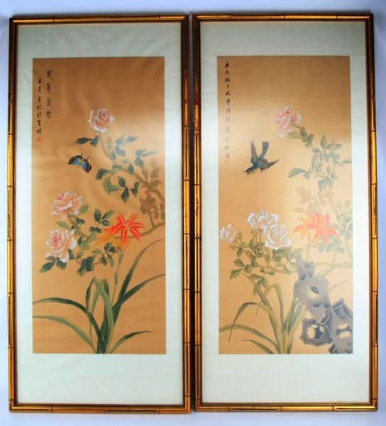 PAIR OF CHINESE HAND-PAINTED SILK SCREENS RED SEAL: Pair of Chinese hand-painted silk screens, bird and floral motif, gilded wooden frame (bamboo style). Each panel measures 44 by 20 inches. Paper backing and wire hangers. Chinese characters brushed on