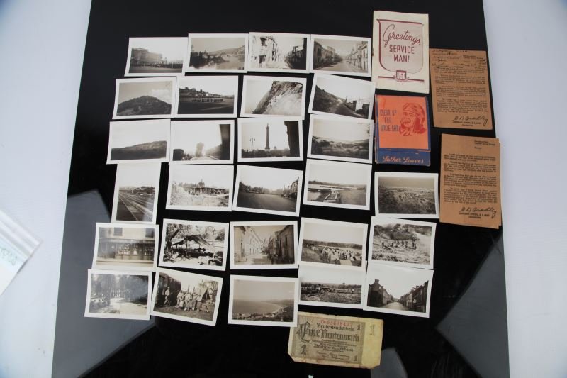 WWII AMERICAN GI PHOTOGRAPHS AND BRING BACKS: This group comes from an American GI engineer. Twenty seven photographs in total, and include GI's building bridges and make shift pontoon bridges, also GI's in their down time waiting in line for foo