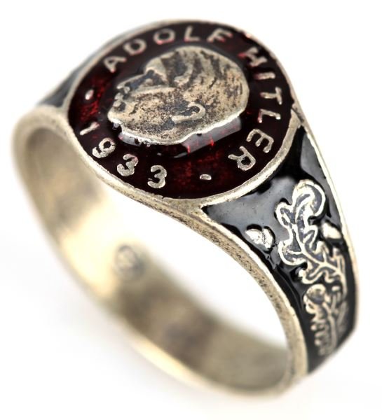 WWII ADOLPH HITLER ENAMELED RING RZM MARKED: Ring is a size 11 and weighs approximately 6 grams. Some minor tarnishing is present; overall in very good condition.
