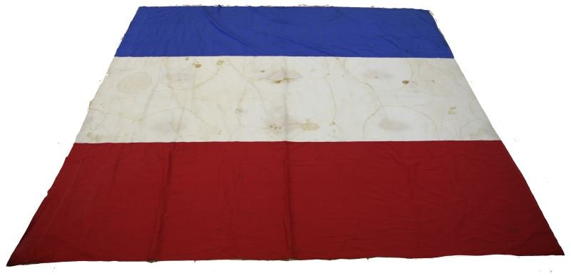 WWII BRING BACK NETHERLANDS FLAG: This Netherlands flag measures approximately 87.5 by 82 inches. White of the flag has many stains. Overall in good condition.