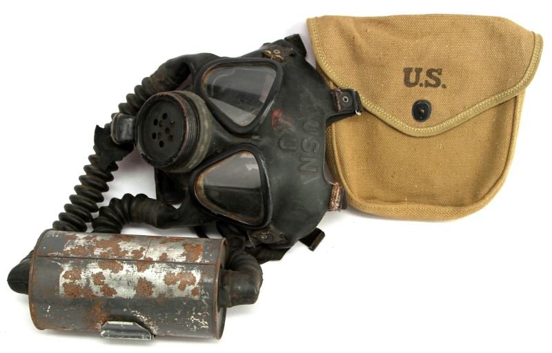 INDIAN WARS USMC NAVY ARMY BADGE THOMPSON WEB MORE: Military gear lot consisting of, WWII U.S. Navy gas mask, WWII web carrier for Thompson Machine Gun magazine carrier. Very good condition.