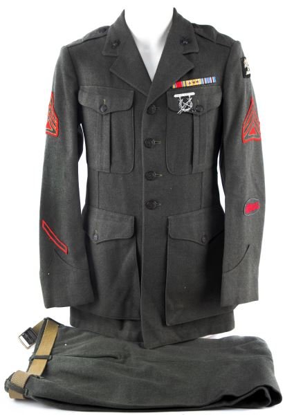 WWII USMC MARINE UNIFORM 310TH POLAR BEAR ENGINEER: Uniform has the Polar Bear patch along with Staff Sergeant ranking on the left sleeve, Rifle Expert badge, WWII Victory medal Asiatic - Pacific Campaign medal with three star devices, and American Cam