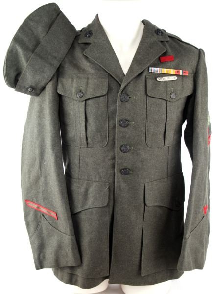 WWII US NAVY SEABEES USMC MARINE TUNIC & CAP: Seabees attached with Marines whilst in pacific, overseas cap with sterling Seabees pin and EGA, USMC approved tag size 6 7/8, the tunic is Quartermaster stamped inside sleeve and dated 1942-43 the op
