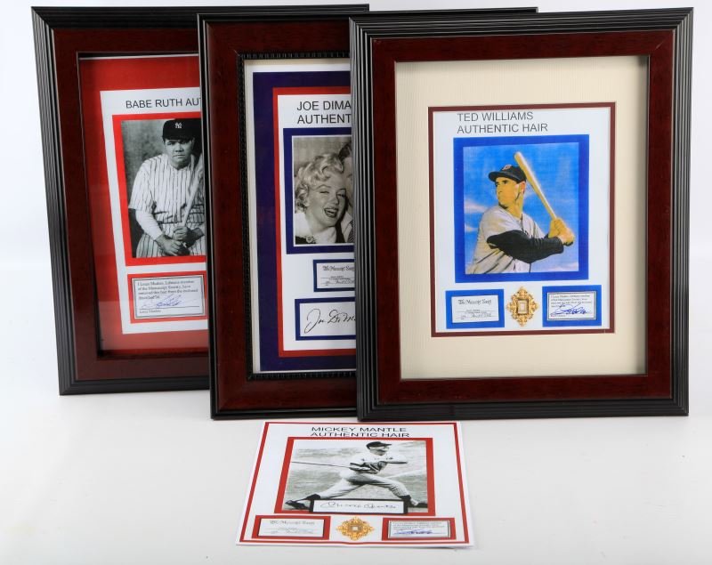 CLIPS OF HAIR FROM BASEBALL LEGENDS: Included with lot are strands of hair from Babe Ruth, Joe Dimaggio, Mickie Mantle and Ted Williams. With the exception of Mickey Mantle, each strand comes packaged in a presentation frame that measure