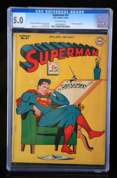 SUPERMAN #41 CGC GRADED 5.0 DATED 7-8/46: This comic was graded 5.0 by CGC with off-white pages, Prankster appearance. Cameron, Schwartz and Siegel stories, Sam Citron art, Wayne Boring and Stan Kaye cover. Overall graded Very Good/Fine by CG