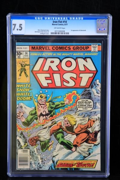 IRON FIST #14 CGC GRADED 7.5 MARVEL COMICS: This comic was graded Very Fine - 7.5 by CGC, with off white pages. It is the First appearance of Sabertooth. Chris Claremont story, John Byrne & Dan Green art, Al Milgrom cover.