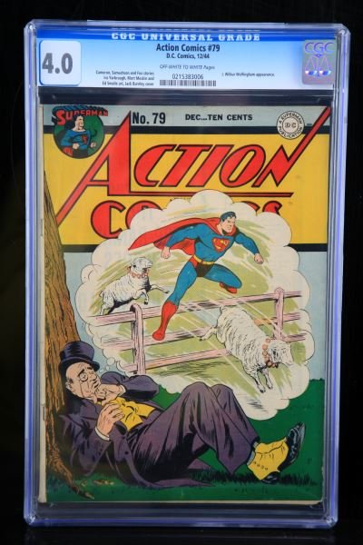 ACTION COMICS #79 D.C. COMICS DATED 12/44: Action Comics #79, DC comics dated 12/44. CGC Graded very good 4.0 Off-white to white pages. Cameron, Samachson and Fox stories. Ira Yarbrough, Mort Meskin and Ed Smalle art. Jack Burnley Cover.