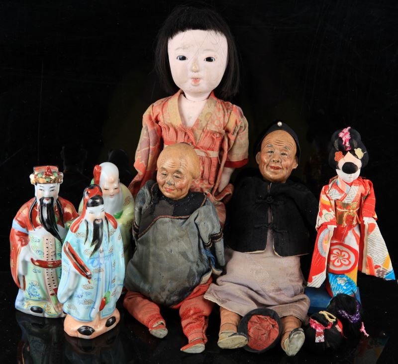 LOT OF 3 VINTAGE ASIAN DOLLS&3 PORCELAIN FIGURINES: Grouping consisting of three vintage composition dolls that are hand-painted, three vintage Chinese porcelain figurines representing 3 wise men and one geisha doll.