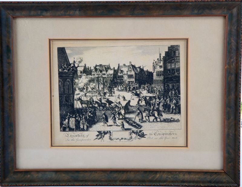 GUNPOWDER TREASON EXECUTION ETCHING 1795: the torture and execution of Robert Catesby, Guy Fawkes, John Wright, Thomas Wintour, Thomas Percy, Robert Keyes, Thomas Bates, Robert Wintour, Christopher Wright, John Grant, Ambrose Rookwood, Sir Ev