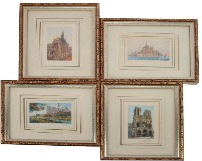 FOUR VICTOR VALERY HAND COLORED CATHEDRAL LITHOS: Included are four hand colored lithos by Victor Valery (French 1889-1910) of Norte Dame, Le Mont St. Michel, Reims and La Sainte-Chapelle cathedrals. Each plate size is 5 inches by 3 inches. Each is h