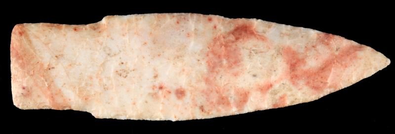 4 1/4 INCH ILLINOIS GREENBRIAR ARROWHEAD: Nice pink, white and red blended chert, well crafted free of damage or repairs, debitage visible in the deepest recesses.