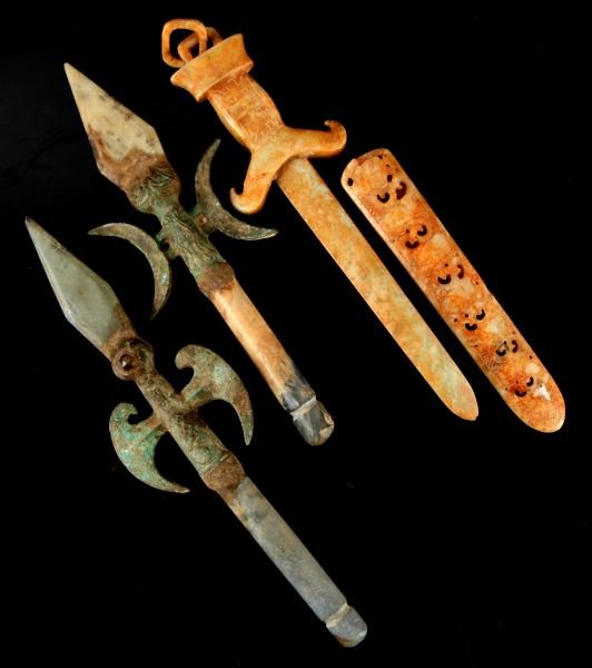 CHINESE JADE SPEAR HEAD & DAGGER: Collection of three described as Ming Dynasty jade handle and a jade dagger, unauthenticated, presumed fantasy, but well crafted.