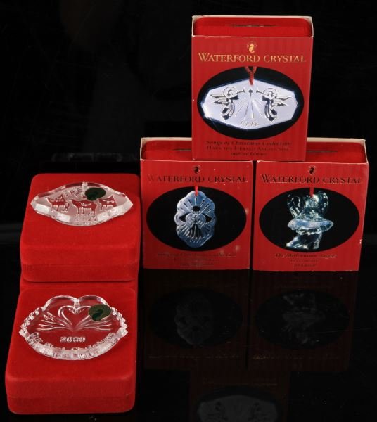 LOT OF 6 WATERFORD CRYSTAL CHRISTMAS ORNAMENTS: This lot contains a 3rd Edition Millenium Angel Fellowship, a 1998 Songs of Christmas "Hark the Herald Angels Sings, 1999 Songs of Christmas "Joy to the World", 2000 Our First Christmas, 2000 Fifth Ed