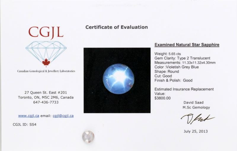 5.65 NATURAL STAR SAPPHIRE UNTREATED: This star sapphire has a violet grey blue color, round cut, type 2 translucent. With a good six ray star. Comes with a certificate of evaluation from Canadian Gemological & Jewellery Laboratories. Siz