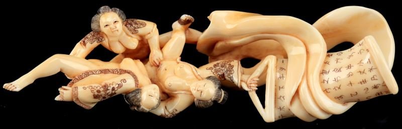 JAPANESE EROTIC CARVED IVORY WITH 3 WOMEN: Erotic ivory scene featuring 3 Japanese women. Overall in very good condition.