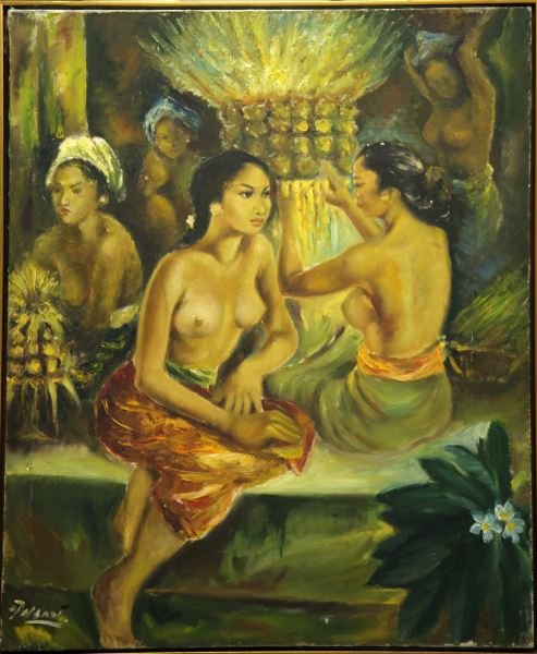 F. HSAN POLYNESIAN NUDES OIL ON CANVAS: Large, 35 by 29 inch, oil on canvas painting signed "F. Hsan" in lower left with several topless Polynesian women with pineapples and flowers. Framed in a low-profile canvas 36.5 by 30 inch frame. Ver