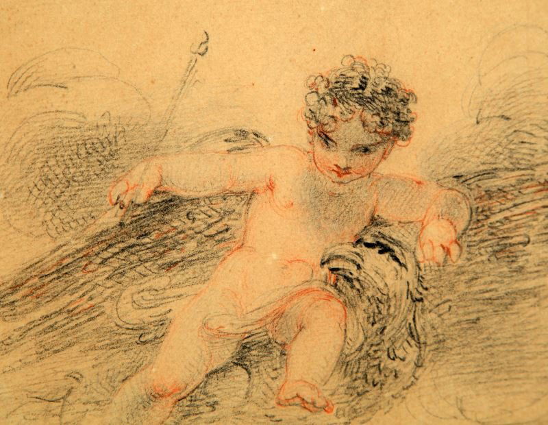 FRANCESCO BARTOLOZZI R.A. INFANT JUPITER STUDY: Francesco Bartolozzi R.A. (Italian,1725-1815) pastel sketch "The Infant Jupiter". Paper is consistently foxed. The drawing is measures 8 by 6.35 inches, affixed to a 10.5 by 12 board and framed to 11.