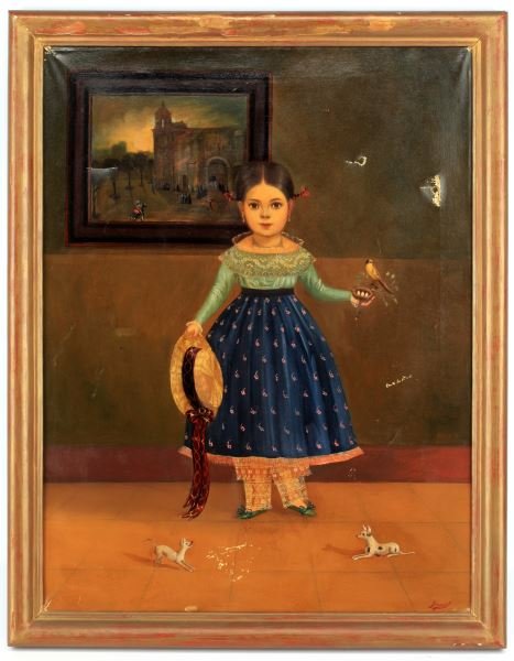 HORACIO RENTERIA ROCHA UNTITLED OIL ON CAVNAS: Horacio Renteria Rocha (Mexican, 1912-1972) oil on canvas Untitled Young Girl with bird and Chihuahua, signed “Horacio” in lower right. Canvas measures 46 by 60 cm, 52 by 66 cm framed. Painting ne