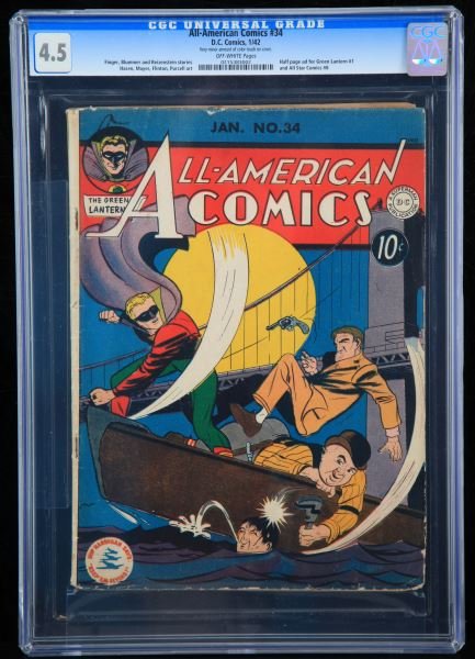 ALL-AMERICAN COMICS #34 DATED 1/42 CGC GRADED 4.5: This comic has been graded by CGC at 4.5 very minor amount of color touch on cover, with off white pages. Half page ad for Green Lantern #1 and All Star Comics #8. Finger, Blummer, and Reizenstein sto