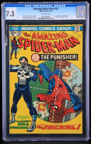 THE AMAZING SPIDER-MAN #129 CGC GRADED 7.5: The Amazing Spider-Man #129 (Marvel comics, 2/74) CGC VF- 7.5 off white pages. First appearances of the Punisher (Frank Castle) and the Jackal. Gerry Conway story, Ross Andru, Frank Giacoia, and Dave