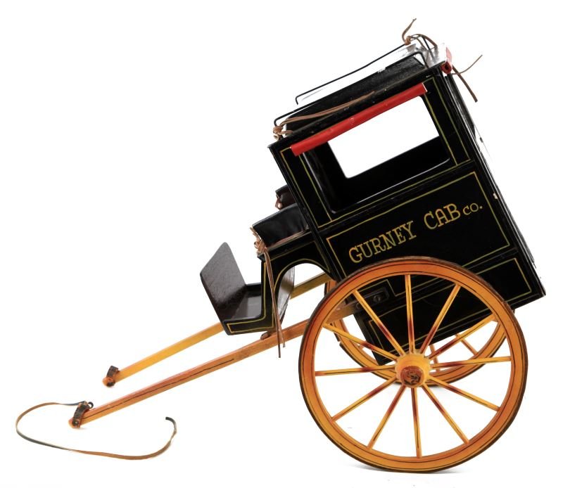 LATE 19TH C GURNEY CAB CO MINI HORSE WAGON BUGGY: Late 19th Century Gurney Cab Company, San Francisco wooden miniature 2-wheel horse wagon/buggy, named after inventor Theodore Gurney. Painted black and yellow with green snake skin interior and red le