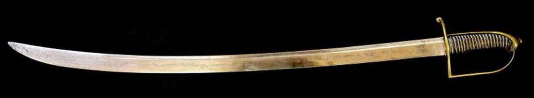 REVOLUTIONARY WAR ERA GERMAN MADE HANGER: Revolutionary War era 18th Century German made hanger, circa 1767-1777. Brass hilt with stirrup knuckle bow, and wire wrapped leather grip. 28 inch curved blade, with single edge and narrow fuller. Me