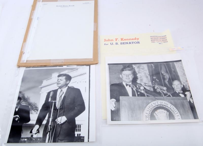 KENNEDY JFK LETTERHEAD WITH 1962 PRESS PHOTOS: Kennedy with Adlai Stevensen, 1962 dated photo, Kennedy speaking of John Glenn 1962 dated photo and two pieces of letter head as Senator.