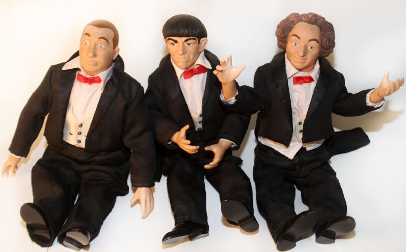 THE THREE STOOGES IN TUXEDOS DOLLS: Lot includes The Three Stooges in Tuxedo outfits. Some wear is present; overall in good to very good condition.