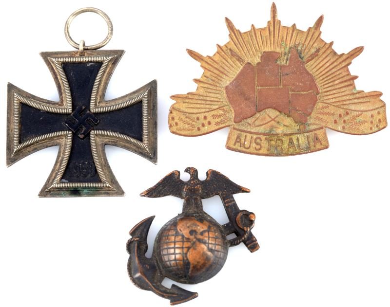 VETERAN BRING BACK IRON CROSS LAT LON USMC EGA: Marine EGA is without back lug, east west lug Australia badge, and German Iron Cross second Class.