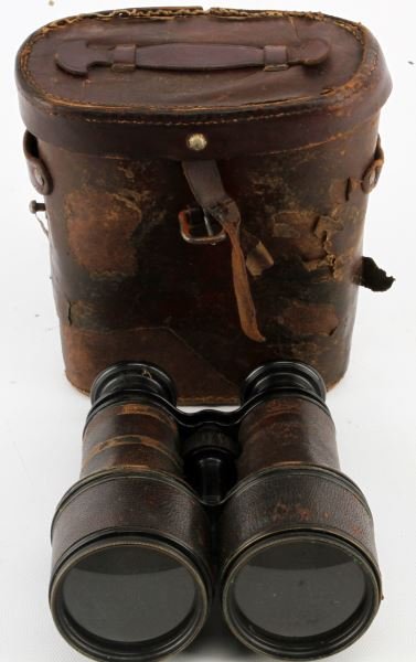 CIVIL WAR BINOCULARS WITH CASE: Good condition, clear working lenses, some tape added to keep leather on the optics, case is intact but quite worn.