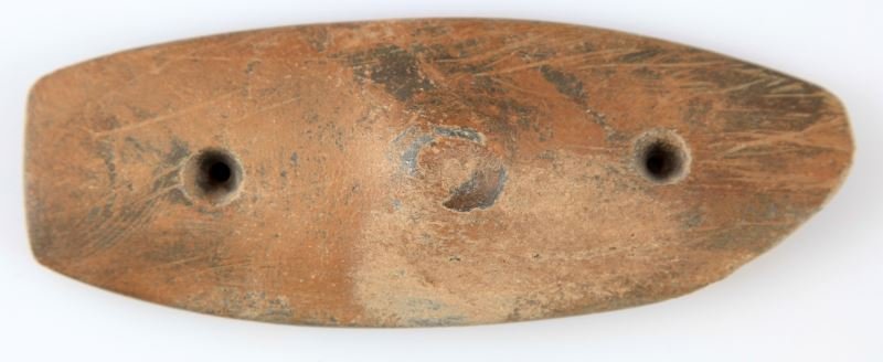 4 5/16 INCH SPINEBACK WOODLAND 2 HOLE GORGET: Nice example some damage to one end, raised "spine back".