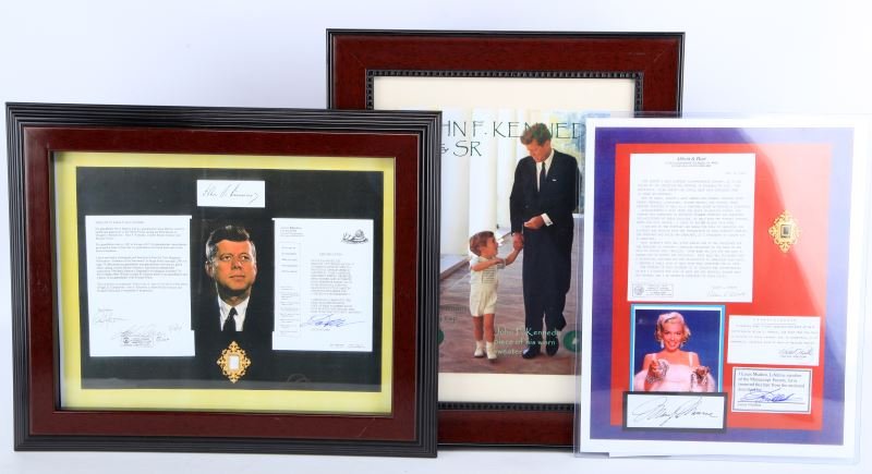 COLLECTION OF RELICS FROM JOHN F. KENNEDY AND MORE: Group includes a framed strand of hair from John F. Kennedy that comes in a presentation frame measuring approximately 17 by 14 inches. Also packaged in frame is a typed letter of authentication from 