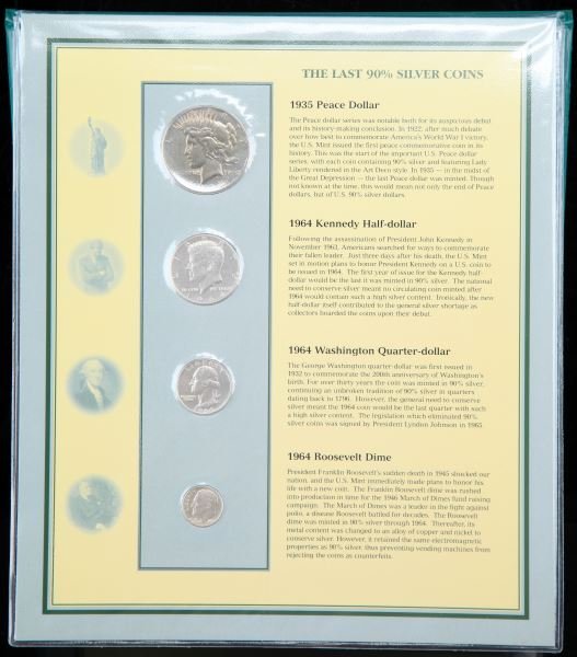 THE LAST SILVER US COINS AND SILVER CERTIFICATE: Commemorative tribute to the final silver coinage and currency. Includes 1935 Peace Dollar, 1964 Kennedy Half-Dollar, 1964 Washington Quarter-Dollar, 1964 Roosevelt Dime, 1976 Eisenhower Dollar, 1976