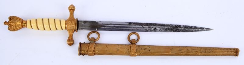 GERMAN WWII NAZI 2ND MODEL EICKHORN NAVY DAGGER: 2nd model German Navy dagger by Karl Eickhorn. Overall very good condition with some minor rust and pitting to blade and minor dents to scabbard. Hangers are intact and cross guard and pommel are in v