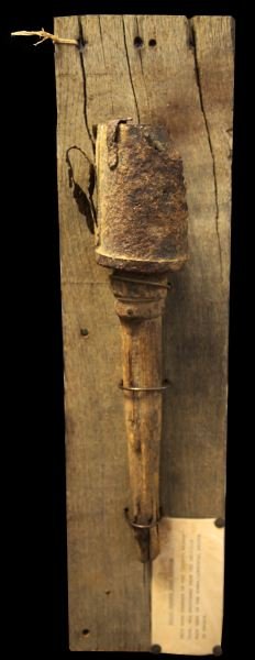 WWI RELIC GERMAN POTATO MASHER SOMME BATTLEFIELD: Attached to a 22 inch board with a typed card attached reading, Relic German Hand Grenade, This hand grenade of the Potato Masher type, was recovered from the Delville Wood area in the Somme / Longuev