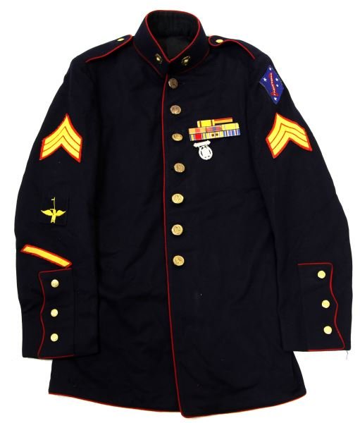 WWII USMC TUNIC 1ST DIVISION AUSSIE MADE PATCH: Inside pocket names this great condition tunic to Ralph J. Bates, 1ST Division Guadalcanal Aussie made patch, ribbons and Marksman badge, collar EGA's, striker patch, SGT. stripes.