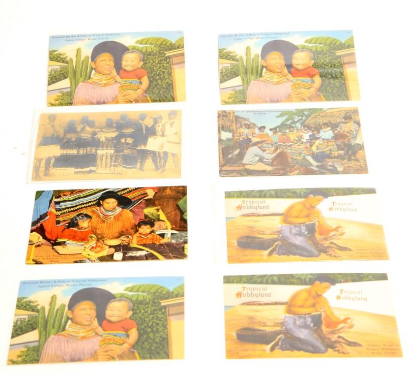 LOT OF VINTAGE SEMINOLE TRIBE POSTCARDS: This lot contains 10 vintage postcards, one of which is a photograph postcard from 02/06/1913. All of the Seminole Indian tribe including fur trading in the Everglades of Florida, Alligator wrestling 