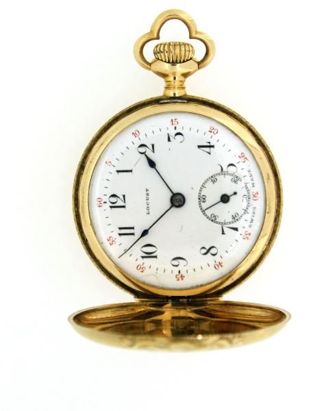 ANTIQUE 14KT YG LOCUST TRIPLE COVER POCKET WATCH: Locust pocket watch, Swiss 17 jewel movement, stem wind and set, white dial with Arabic numerals, sweep second dial at 6 o'clock position. Case manufactured by Wadsworth, #182857, dating piece to earl