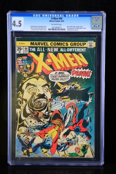 X-MEN #94 CGC GRADED 4.5 MARVEL COMICS DATED 8/75: X-Men #94, Marvel comics 8/75. CGC graded very Good+ 4.5 Off-white pages. New X-men begin, sunfire leaves, second appearance of Nightcrawler, Storm, Thunderbird & Colossus. Len Wein and Chris Claremon