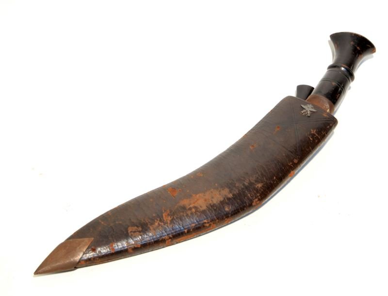 WWII 9TH GHURKA RIFLES KUKRI TACTICAL KNIFE: With Kings Crown atop crossed Ghurka blades with 9 between, well crafted meant for business WWII issue three blade in scabbard, very good original blade.