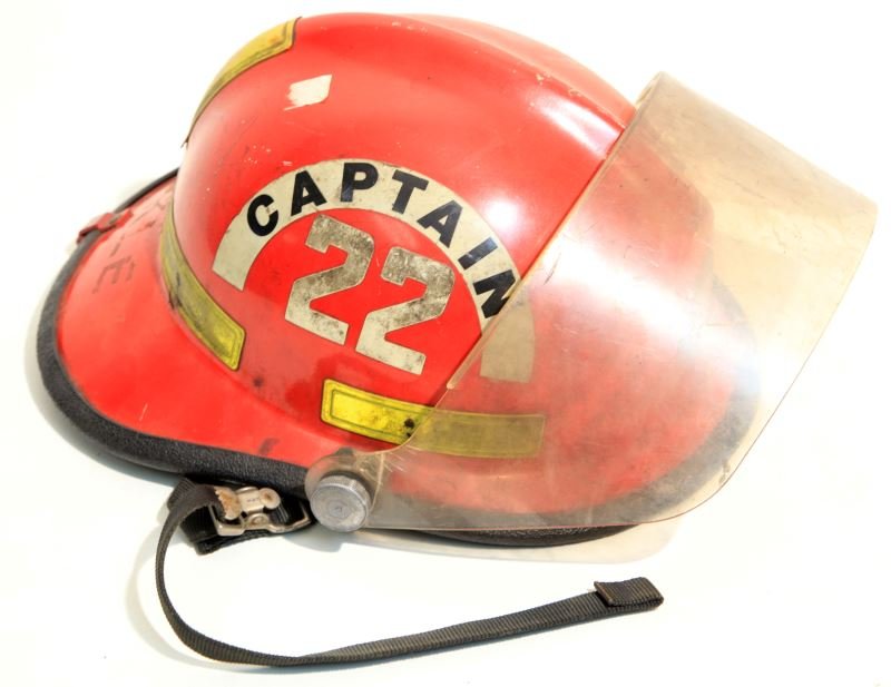 VINTAGE MOBILE ALABAMA CAPTAINS FIREFIGHTER HELMET: Good condition with shield, Mobile, Alabama Fire Department, Cairns & Brothers embossed and with sticker as well, remnants of name on back, Stokley.