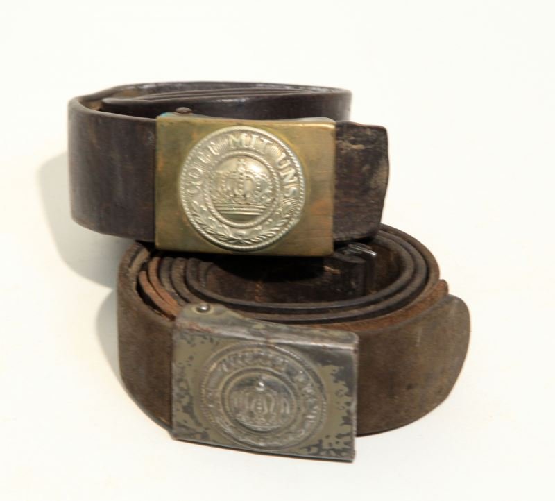 2 WWI GERMAN BELTS EACH WITH BUCKLE & DIFFERENT: Includes one Bavarian enlisted mans belt "god with Us"and buckle, illegible marks on leather but very good, the second "Firm in Loyalty " stamped buckle, tab marked Gebruder Geith Munchen 1917, and BJ