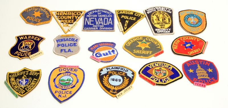 GROUPING OF FIFTEEN MIXED POLICE PATCHES: Lot of 15 Assorted Police Badges from various states across the US, Badges include: Dover New Jersey Police Dept. Patch, Plainfield, New Jersey Police Patch, Ventura, California Police Dept. Patch, Au