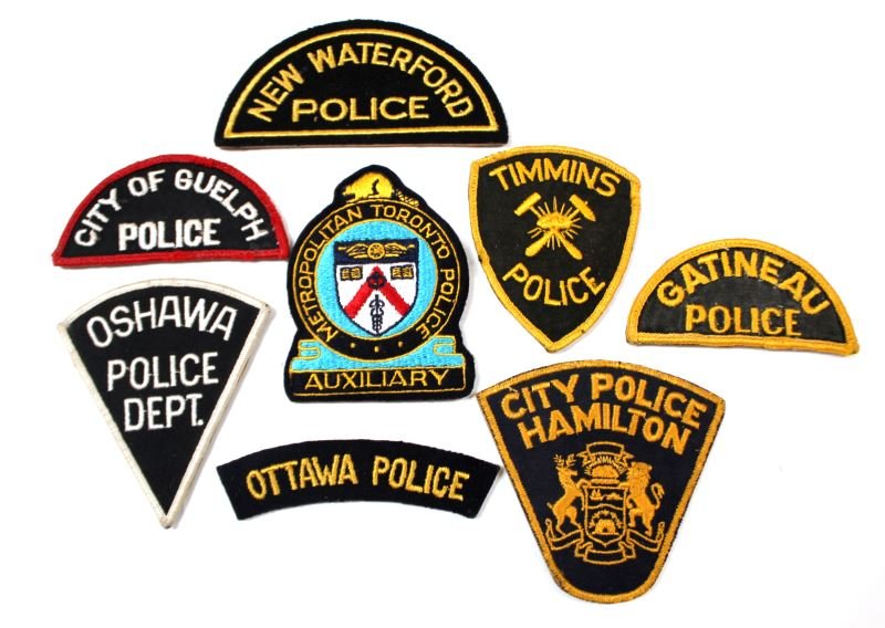 8 CANADIAN POLICE PATCHES OTTAWA GATINEAU: Lot includes City Of Guelph, Timmins Police, Ottawa Police, City Police Hamilton, Oshawa Police Dept. , New Waterford Police, Gatineau Police, and Metropolitan Toronto Police Auxiliary patch. All patc
